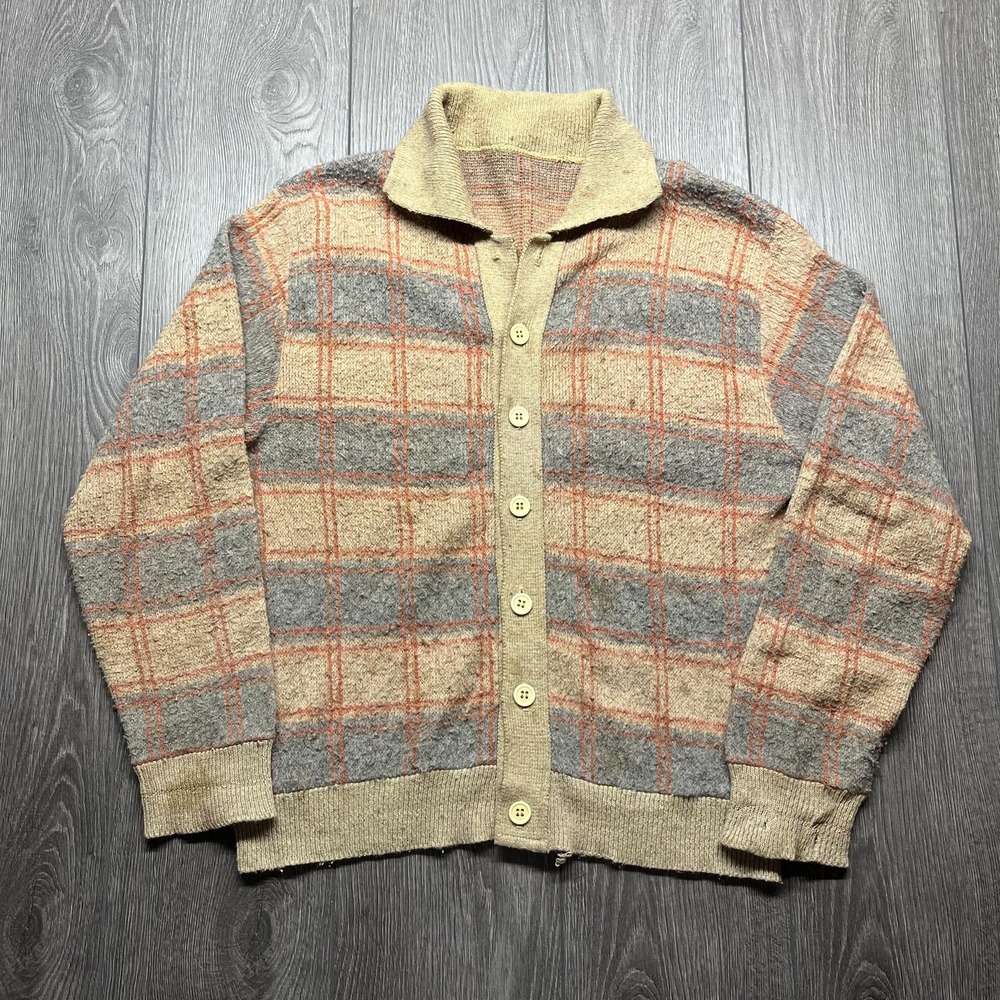 Vintage 1960s Plaid Cardigan Knit Rare True Button Down Brown Grey Red Medium M